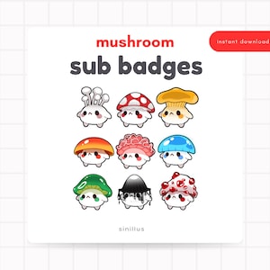 Puede incluir: Un fondo blanco presenta las palabras «mushroom sub badges» en rojo y negro. Nueve personajes de dibujos animados de setas en varios colores y diseños están dispuestos en tres filas. Las palabras «descarga instantánea» están en un rectángulo rojo.