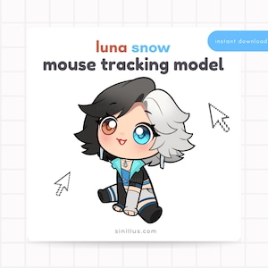 Puede incluir: Ilustración digital de un personaje de dibujos animados con cabello negro y blanco y ojos heterocromáticos. El personaje lleva un atuendo azul y negro. El texto dice "luna snow mouse tracking model" e "instant download". También se ve el sitio web "sinillus.com".