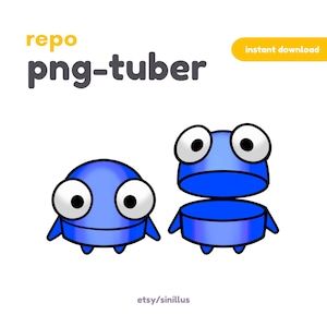 Puede incluir: Dos personajes de dibujos animados azules con grandes ojos blancos y pupilas negras. El texto "repo png-tuber" está en la esquina superior izquierda, y "descarga instantánea" está en la esquina superior derecha. El nombre de la tienda Etsy "etsy/sinillus" está en la parte inferior.