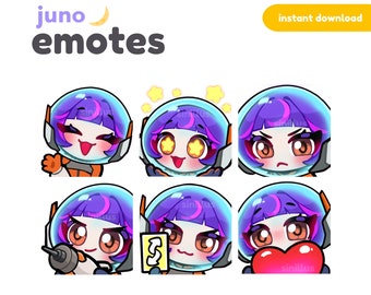 May include: Set of six animated emojis featuring a purple-haired character in a space suit with different expressions, including winking, surprised, angry, drilling, holding a card, and holding a heart. The emojis are designed in a cartoon style with bright colors and large eyes.