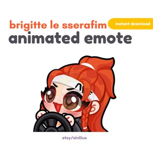 May include: Animated digital emote featuring a cartoon character with red hair, wearing a white headband and a black outfit, driving a car. The character has large brown eyes and a wide smile. The text "brigitte le sserafim animated emote" is at the top of the image.
