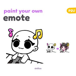 Puede incluir: Un dibujo en blanco y negro de un personaje de dibujos animados tocando un piano con notas musicales sobre su cabeza. El texto "paint your own emote" está en la parte superior de la imagen. El texto "P2U" está en la parte superior derecha de la imagen. El texto "sinillus" está en la parte inferior de la imagen.
