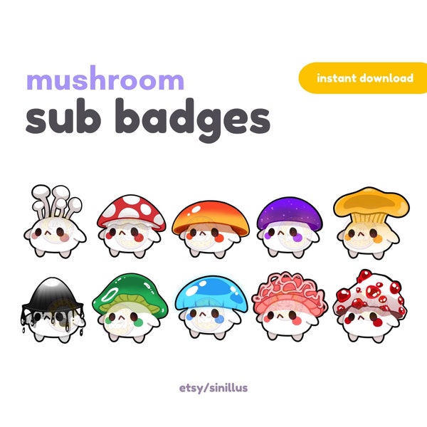 10x Mushroom  Twitch Sub Badges / Bit Badges / Cheer / Cute / Streamer  / Youtube Channel Badges