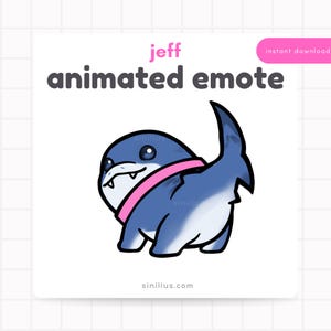 Puede incluir: Ilustración de dibujos animados de un tiburón azul con un collar rosa, etiquetado como "jeff animated emote". La imagen tiene un fondo blanco con el texto "instant download" en un rectángulo rosa. El sitio web sinillus.com está en la parte inferior.