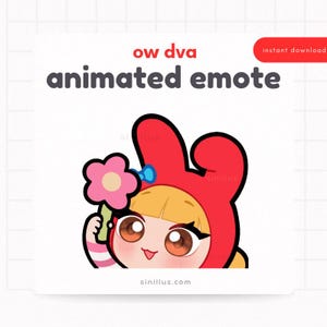 Könnte beinhalten: Animierter Emote-Grafik mit einer Cartoon-Figur in einer roten Kapuze mit Hasenohren, die eine rosa Blume hält. Der Text "ow dva animated emote" steht oben, mit "instant download" in einem roten Feld.