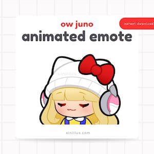 May include: Animated emote of a cartoon character with blonde hair, wearing a white hat with a red bow and pink headphones. The text "ow juno" and "animated emote" are displayed. The image also includes the text "instant download" and the website address "sinillus.com".