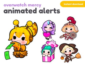 Op de afbeelding: Geanimeerde Overwatch Mercy-personage-meldingen in verschillende poses. De personages zijn een bij, een vrouw met een hart, een vrouw in een harnas, een vrouw in een doos en een vrouw met een bezem. De tekst "Overwatch Mercy animated alerts" staat bovenaan de afbeelding. De tekst "instant download" staat in een geel vakje rechtsboven in de afbeelding. De tekst "etsy/sinillus" staat onderaan de afbeelding.