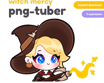 Puede incluir: Una ilustración de dibujos animados de una bruja con un sombrero marrón y un atuendo rojo y negro. Ella sostiene una varita mágica y lanza un hechizo con un chorro de magia amarillo. El texto "witch mercy png-tuber" está encima de la imagen. El texto "descarga instantánea" y "4 expresiones" está en la esquina superior derecha de la imagen.