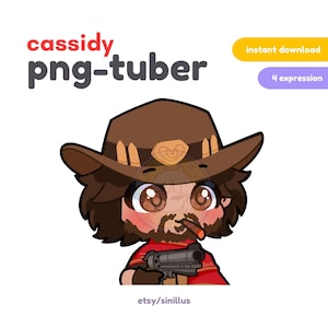 May include: A cartoon illustration of a character with brown hair, a brown cowboy hat, a red shirt, and a gun. The character has a mustache and is holding a cigarette in their mouth. The text "cassidy png-tuber" is at the top of the image. The text "instant download" and "4 expression" are in boxes at the top right of the image. The text "etsy/sinillus" is at the bottom of the image.