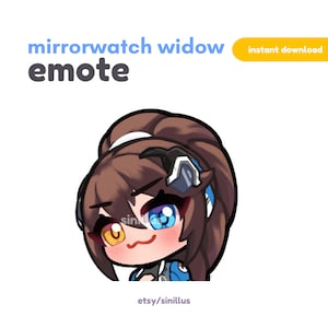 May include: Digital emote featuring a cartoon character with brown hair, blue and yellow eyes, and a slight smirk. The text "mirrorwatch widow emote" is above the character, with "instant download" in a yellow box.