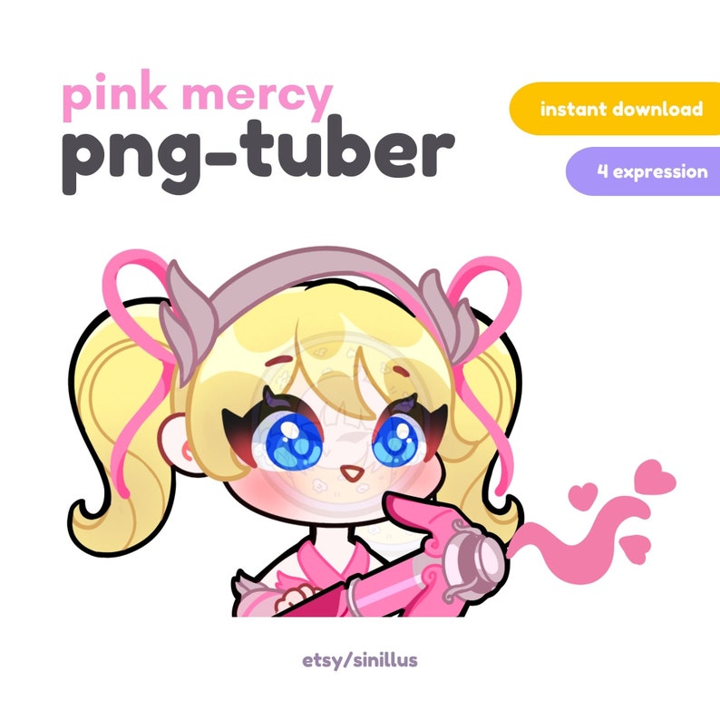 May include: A pink and white cartoon character with blonde pigtails and blue eyes holding a pink weapon that shoots pink hearts. The character is wearing a pink headband with white wings. The text "pink mercy png-tuber" is at the top of the image. The text "instant download" and "4 expression" are in yellow and purple boxes, respectively, at the top right of the image. The text "etsy/sinillus" is at the bottom of the image.