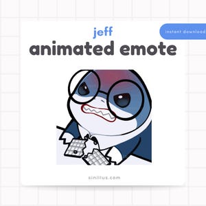 Może przedstawiać: Animowana emotka przedstawiająca rekina w okularach i garniturze, z wściekłym wyrazem twarzy. Tekst "jeff animated emote" jest wyświetlany nad obrazem, z napisem "natychmiastowe pobieranie" w niebieskim polu. Adres strony internetowej sinillus.com znajduje się na dole.