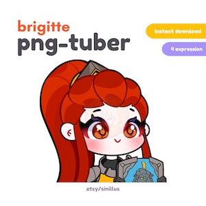 May include: A digital illustration of a cartoon character, Brigitte, from the video game Overwatch. She has red hair, a yellow and brown helmet, and is holding a shield. The text "brigitte png-tuber" is at the top of the image. The text "etsy/sinillus" is at the bottom of the image.