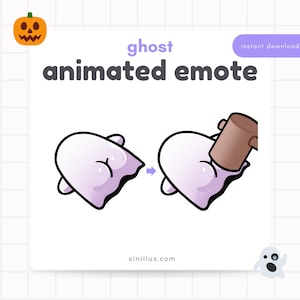 Könnte beinhalten: Animierter Geister-Emote mit lila und weißem Design. Das Bild zeigt einen Geist mit gebogenem Boden und zwei kleinen Armen. Der Text lautet "ghost animated emote" und "instant download". Ein Kürbis-Gesicht befindet sich in der oberen linken Ecke.