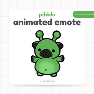 May include: A green animated emote featuring a cartoon pug with black ears and snout, and two antenna-like features on its head. The word "pibble" is above the words "animated emote". The website address sinillus.com is at the bottom.