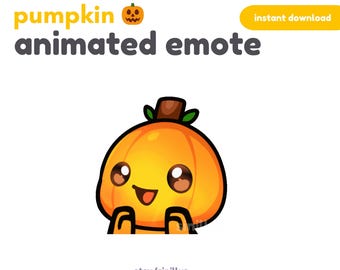 May include: Animated emote of a smiling orange pumpkin with a brown stem and green leaves. The pumpkin has large, round eyes and a wide, open mouth.