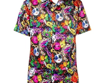 Vittorio Farina Vibrant Colorful Party Mask Print Mardi Gras Button Down Collar shirt