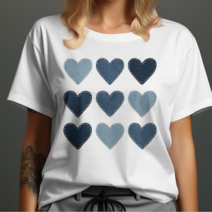 Denim Heart T-Shirt Blue Heart Tee Denim Hearts Fashion Tee Hearts T-Shirt Trendy Tee Heart Design Stylish Heart T-Shirt
