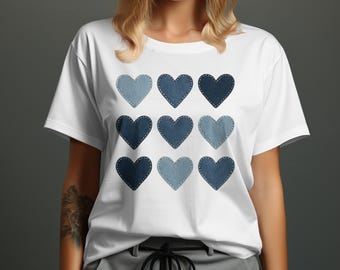 Denim Heart T-Shirt Blue Heart Tee Denim Hearts Fashion Tee Hearts T-Shirt Trendy Tee Heart Design Stylish Heart T-Shirt