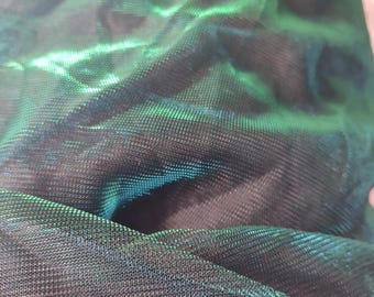 Emerald Green Holographic Knit Mesh Fabric, Sheer Metallic Stretch Polyester