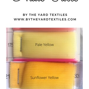 May include: Close-up of three swatches of nude tulle fabric in pale yellow, sunflower yellow, and teal. The fabric is a fine mesh with a delicate texture. The swatches are labeled with the color names.