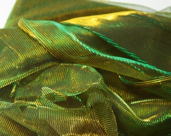 lime green two tone double face knit fabric, green & gold stretch fabric, green metallic knit, yellow green shiny mesh, sheer stretch fabric