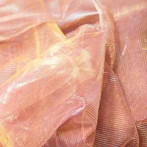 rose pink gold double face metallic sheer stretch polyester fabric shiny knit light weight see through stretchy gold glitter dress fabric