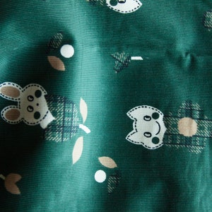 cute printed DIY purse cotton corduroy, vintage corduroy fabric, bunny print fabric, cute green fabric, green corduroy, dark green fabric