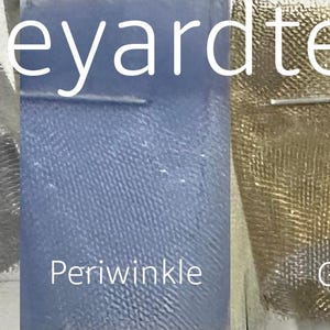 May include: Swatch cards showing eight different colours of fabric: emerald green, light nude, silver, periwinkle blue, gold, black, and white. The website www.bytheyardtextiles.com is printed at the top of the image.