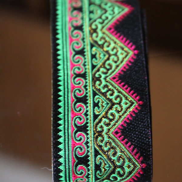 sparkly green Hmong inspired tribal machine embroidery black neon green trim for Hmong traditional clothing, bright lime gold green edging