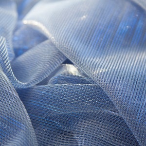 light blue & silver fabric, blue metallic sheer fabric, soft metallic deep sky blue fabric, Jordy blue color dress fabric, blue silver tulle