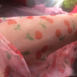 fruit fabric, four way stretch tulle with cute design, soft cherry tulle, red cherries on fabric summer days food fabric, picnic dress tulle
