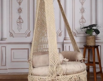 Handmade Macrame Round Swing Chair, Boho Hammock