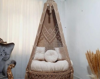 Handmade Macrame Swing Chair, Hanging Cotton Hammock, Boho Decor