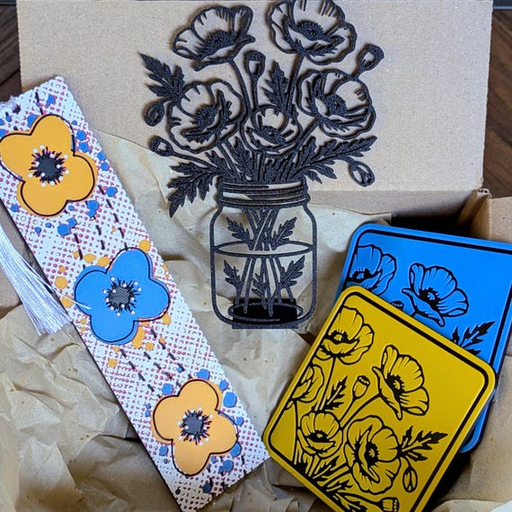 Floral poppy gift set | Coasters | Bookmark | Decor | Gift Box | Nature Lover Gift