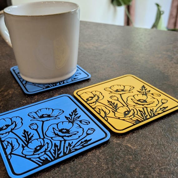 Two floral Coasters | Blue and Yellow | Poppies