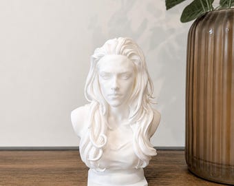 May include: A matte white sculpture bust depicting a person with long, flowing hair and a neutral facial expression. The figure is shown from the chest up, featuring detailed facial features and wavy hair strands, mounted on a square base.