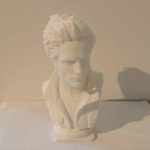 May include: A matte white bust sculpture of a person with textured, swept-back hair. The figure wears a collared jacket with visible buttons and pockets, captured in a head-and-shoulders portrait style with a neutral, solid white finish.