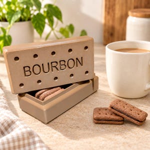 May include: A rectangular light brown storage container shaped like a Bourbon biscuit with the word BOURBON embossed on the lid. The lid is partially open, revealing chocolate sandwich biscuits inside, with two additional biscuits placed nearby.