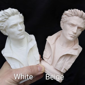 May include: Two sculpted busts of a man with textured hair, wearing a collared jacket over a t-shirt. One bust is solid white and the other is a light beige color. The text White is printed below the white bust and Beige below the beige bust.