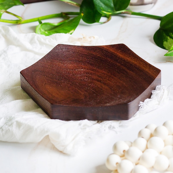 Modern Hexagon Valet Catchall, Black Walnut Minimalist Dish, Solid Stylish Wood Candle Tray, Decorative Natural Finish, Distinctive Serving