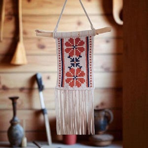 Macrame wall hanging, floral, natural, wood, cotton, Bohemian, Folklore, medieval, Slavic