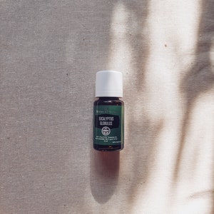 Peut inclure: Un petit flacon en verre brun foncé avec un bouchon blanc. Le flacon est étiqueté "Young Living" et "Eucalyptus Globulus". L'étiquette indique également "100% Pure, Huile Essentielle de Grade Thérapeutique".