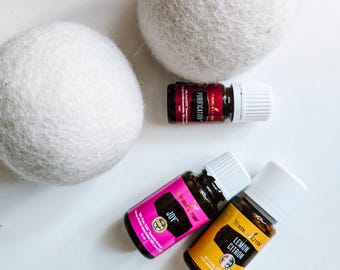 Juego de toallitas para secadora naturales alternativas: bolas de lana para secadora con aceites esenciales, purificación, limón y alegría (1-15 ml), para una ropa fresca y suave