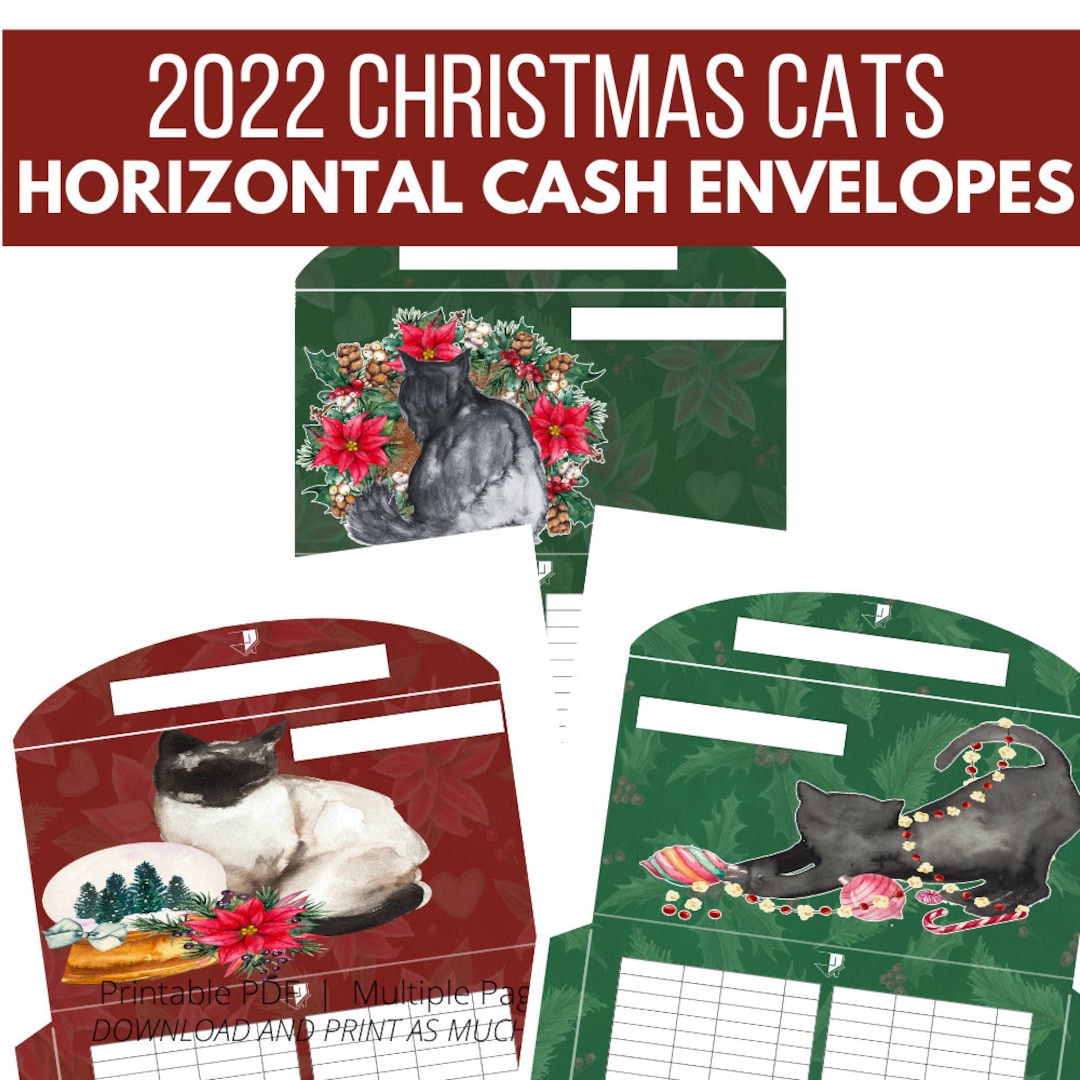 Christmas Cats Horizontal Cash Envelopes With Tracker, Cash Envelope