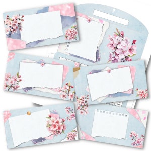 Könnte beinhalten: Sechs leere Notizkarte mit hellblauem Hintergrund und rosa Kirschblüten-Akzenten. Die Karten haben einen zerrissenen Papiereffekt und sind perfekt zum Schreiben von Notizen, Nachrichten oder zum Erstellen von Karten.