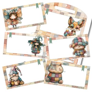 May include: Six printable gift tags featuring whimsical illustrations of a fairy, a witch, a cat, a fox, a gnome, and a bear. Each tag has a patchwork design with a white background and a green border.