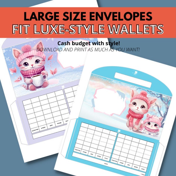 Winter Cat Printable Cash Envelopes – 6 Budget Envelopes