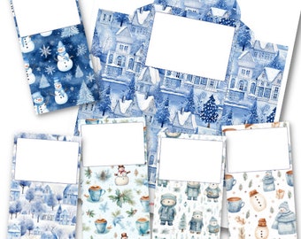 May include: Set of printable gift tags featuring wintery blue and white designs. The tags include a snowman, a winter village, a cup of hot chocolate, and a bear wearing a winter hat.