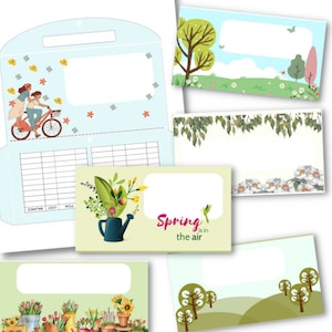 May include: A set of printable spring-themed cards with blank spaces for writing. The cards feature illustrations of flowers, trees, and birds. One card says "Spring is in the air".